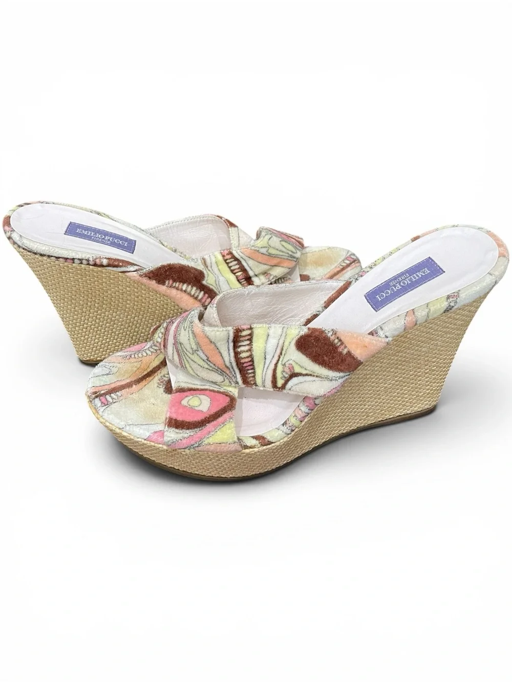 Emilio Pucci Velvet Print Wedge Mule Slides Size 39 Made in Italy